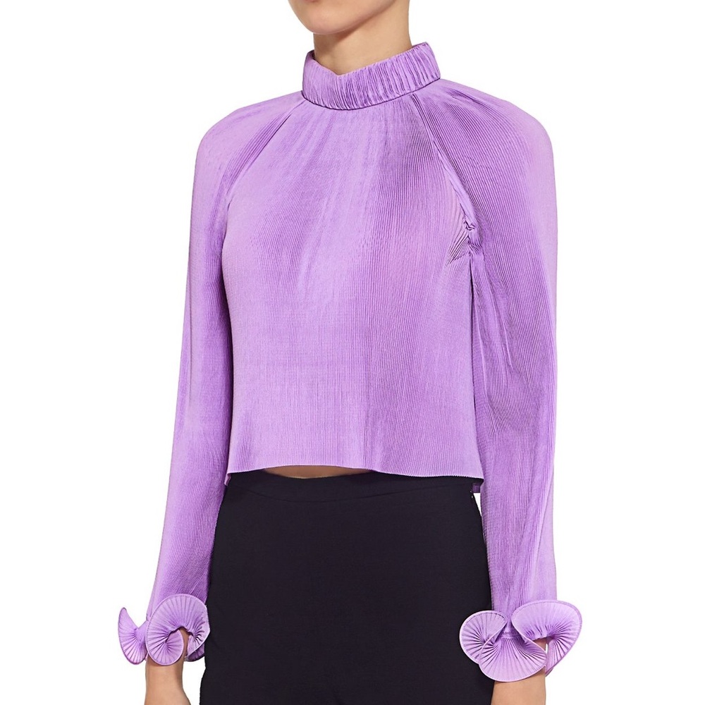 Tibi Lavender Purple High-Neck Pleated Cuff Blouse